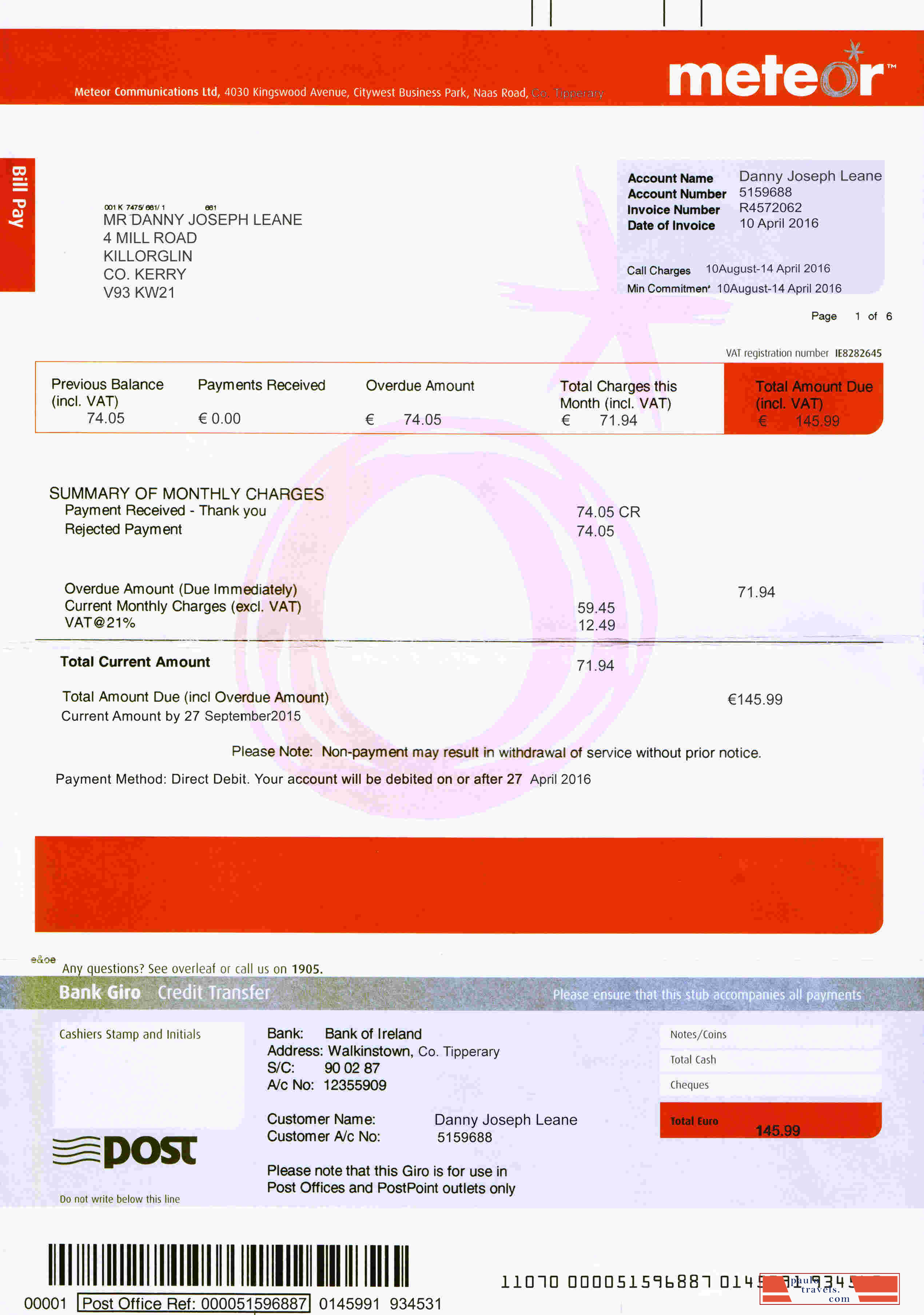 Ireland Meteor utility bill template fully editable in PSD format
